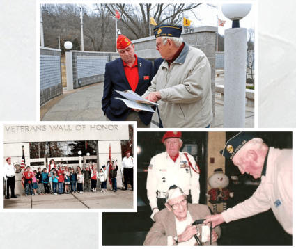 This is a collage of pictures people touringf the Veterans Wall of Honor in Bella Vista, AR.